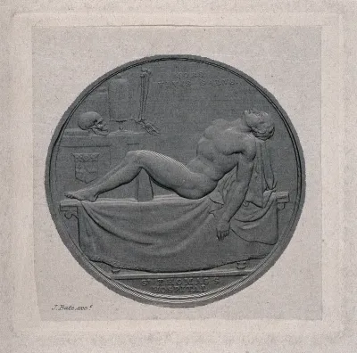 Old St. Thomas's Hospital: a cadaver, a skull, bones of the lower leg and foot, and two bell-jars on stands. Engraving by A. R. Freebairn after a medallion by W. Wyon, 1829