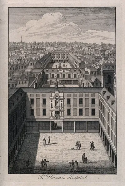 Old St. Thomas's Hospital, Southwark: a bird's-eye view looking east over the three courtyards. Engraving