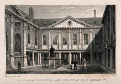 Old St. Thomas's Hospital, Southwark: inside the first courtyard. Engraving by T. Higham after T. H. Shepherd