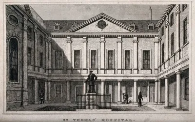 Old St. Thomas's Hospital, Southwark: inside the first courtyard. Engraving