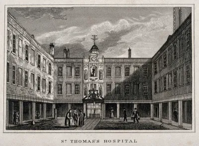 Old St. Thomas's Hospital, Southwark: the entrance courtyard. Engraving