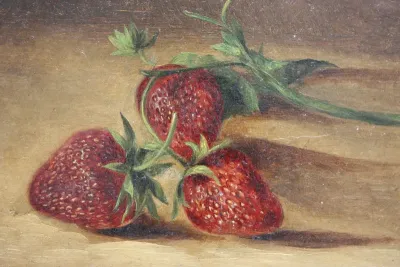 Olieverfschilderij van een tak met drie aardbeien