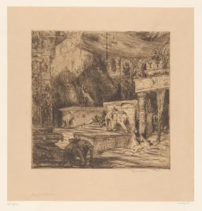 Olifanten en figuren bij een tempel