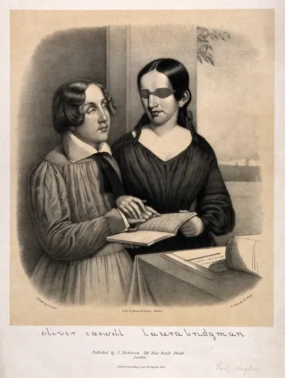 Oliver Caswell and Laura Bridgman reading embossed letters from a book