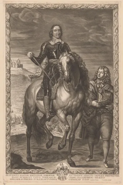 Oliver Cromwell in een harnas op een paard