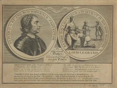 Oliver Cromwell (left) and the Protector kneeling with his head on the lap of Britannia (right): two roundels