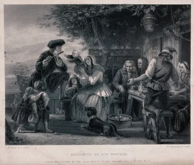 Oliver Goldsmith, as a medical student in Europe, supports himself by playing the flute