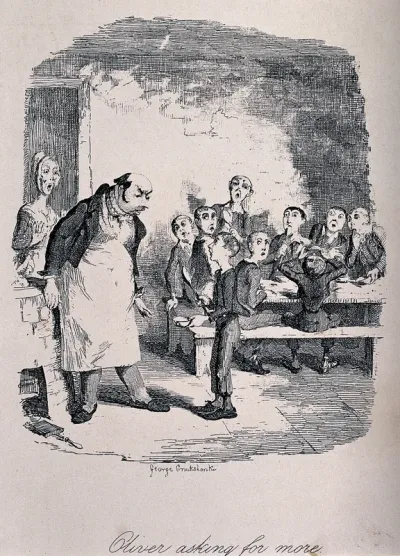 Oliver Twist, holding a bowl and a spoon, asks for more food, while other children and a woman look surprised