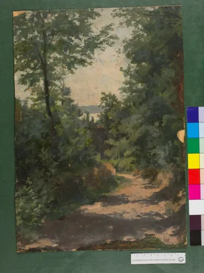 Ölskizze eines Waldwegs
