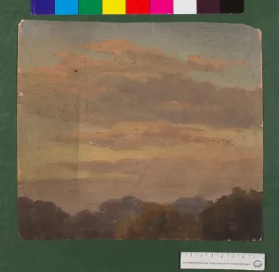 Ölskizze zu Wolken über Baumwipfeln im Abend-/Morgenrot