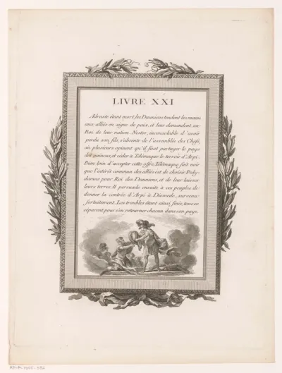 Omkaderde Franse tekst met olijftakken en Telemachus met een urn