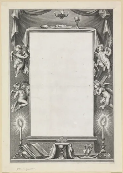 Omlijsting met symbolen van de Passie en de Eucharistie