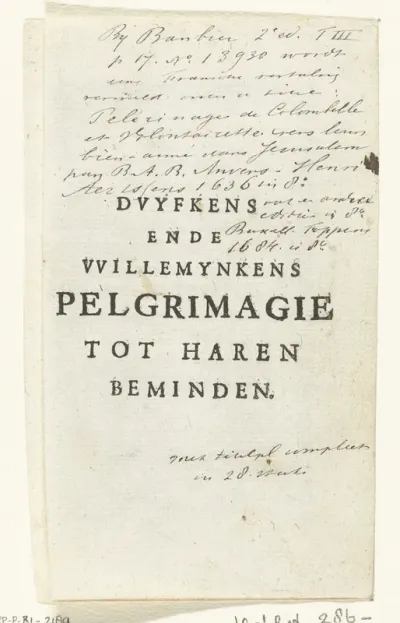 Omlijsting met titel en bladornamenten en twee vrouwen gekleed als pelgrims