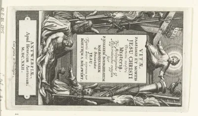 Omlijsting voor titel met Christuskind en dode Christus en engelen bij passiewerktuigen
