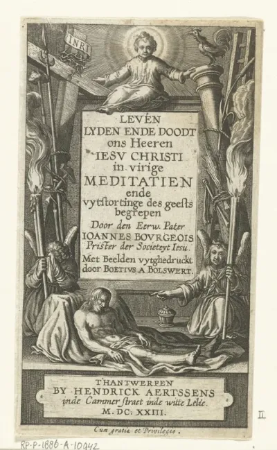 Omlijsting voor titel met Christuskind en dode Christus en twee engel bij passiewerktuigen