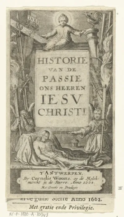 Omlijsting voor titel met Christuskind en dode Christus en twee engelen bij passiewerktuigen