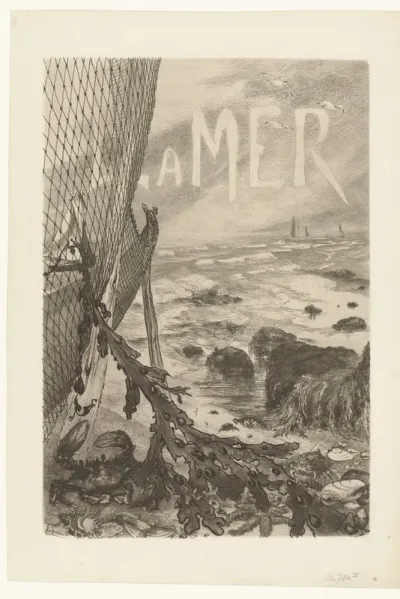 Omslag voor album La Mer met zeegezicht en vissersnet met zeewier op strand