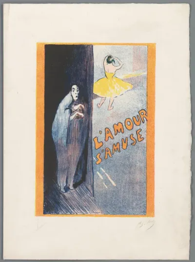 Omslag voor drie prenten met illustraties bij het toneelstuk L'amour s'amuse van Etienne Decrept