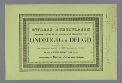 Omslag voor: Twaalf kunstplaten voorstellende de gevolgen en de belooning van ondeugd en deugd