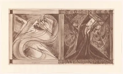 Omslag voor Wendingen met een non met bloemen en twee geesten, waarvan één met een masker in zijn hand