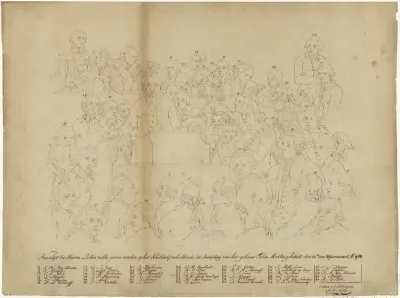 Omtrektekening naar het schilderij van A. de Lelie voorstellende de openingsplechtigheid van Felix Meritis op 31 Okt. 1788