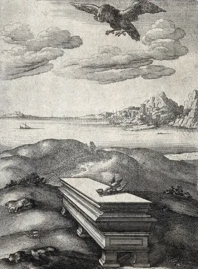 On stone tomb with six feet, a daw is eating a shell dropped by the eagle above; illustration of a fable by Aesop