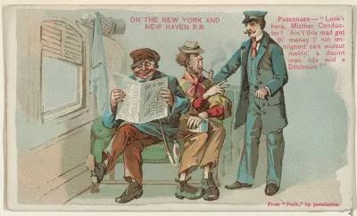On the New York and New Haven Railroad, from the Snapshots from "Puck" series (N128) issued by Duke Sons & Co. to promote Honest Long Cut Tobacco