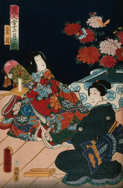On the right the woman with clappers is seated on the Kabuki stage; a female role actor plays the young princess to the left