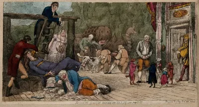 On the stage of the Drury Lane Theatre, Comedy is hanged, Tragedy is stabbed, and Sheridan the playwright lies dead drunk as the theatre is given over to animal entertainments