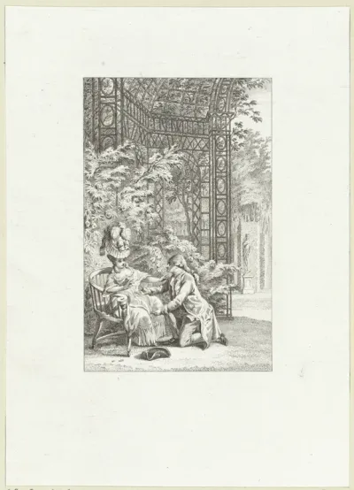 Onder een pergola knielt een man voor een vrouw