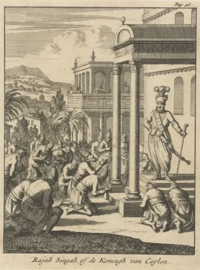Onderdanen knielen voor de koning van Ceylon, Rajah Singah
