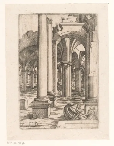 Ondergelopen zuilenhal of thermen met boten