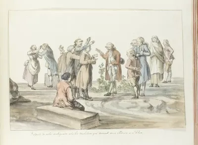 Onderhandeling tussen gids van reisgezelschap en muilezeldrijvers met wie zij naar de Etna gaan