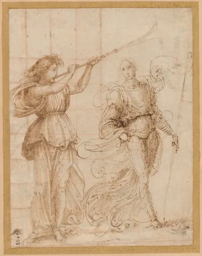 One Angel Blowing a Trumpet, and Another Holding a Standard