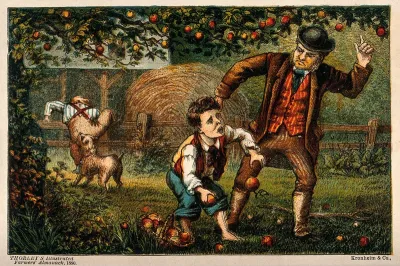 One boy is caught by an irate farmer while stealing his apples from the orchard and another has the seat of his trousers ripped by a dog as he tries to escape over the fence