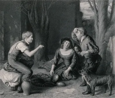 One boy is holding his mouth open as another aims to throw a cherry for him to catch, two girls look on in amusement
