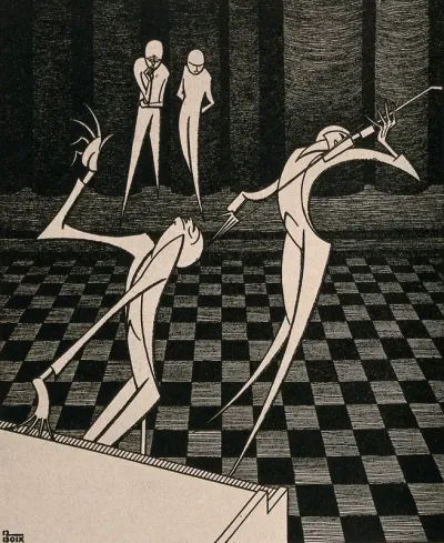 One figure plays the piano and another the violin: two onlookers stand in the background