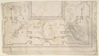One Half Design for a Ceiling with Floral and Strapwork Motifs (recto); Slight Scribbles (verso)