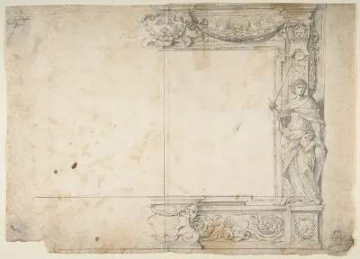 One Half of a Design for a Frame of a Stage Proscenium, with a Figure of Justice at the Right, and the Barberini Arms in a Cartouche at the Top