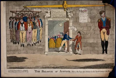 One man dressed in soldier's uniform hangs on one side of the balance while a greater number in common dress hang on the other side