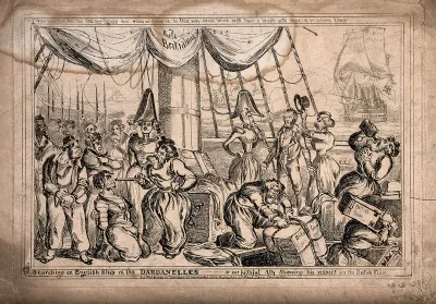 One man is holding a pistol to another man's head as others make off with cargo from the hold of the ship or consume its contents