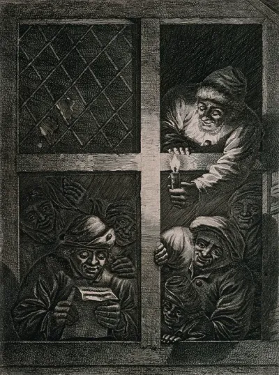 One man is leaning out of a window holding a candle for his companion to read the letter to all the listeners