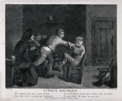 One man punches another in a drunken tavern brawl, two others shout encouragement