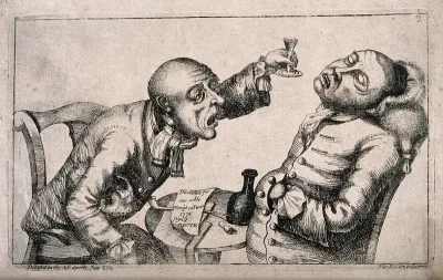 One man sits soundly sleeping as his drunken companion offers him another drink