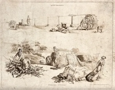 One man turns a large wheel as the other holds the rope at a distance over a series of supports, two men collect wood to light the fire for the charcoal kiln
