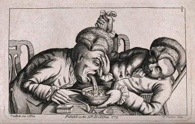 One man vomits into a bowl as his companion lifts his wig and steadies the bowl
