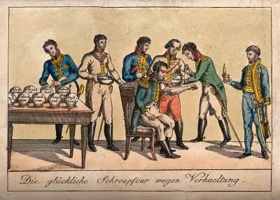 One of a group of soldiers has his arm cupped; representing the political situation of France in relation to the German states