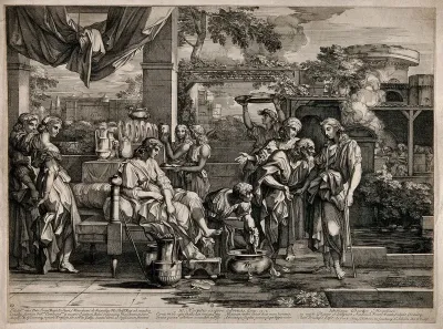 One of the seven Acts of Mercy: Lot welcomes two angels to his house in Sodom, representing hospitality for travellers