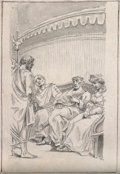 One soldier talks to three seated Roman figures