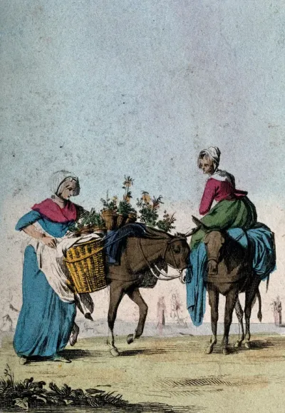 One woman guides a donkey carrying flowers in panniers as another woman rides sidesaddle on a second donkey
